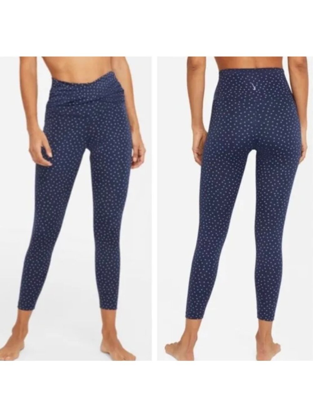 NIKE Navy Blue + Silver Polka Dot Print Yoga Twist Waist 7/8 Tights NWT Size XXL